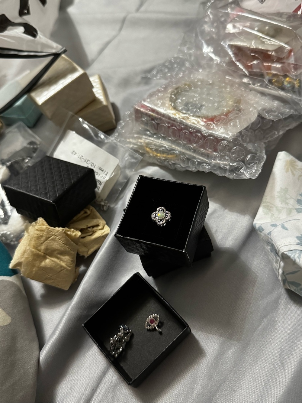 Opal Flower Ring and Accent Rings - Silver Tone